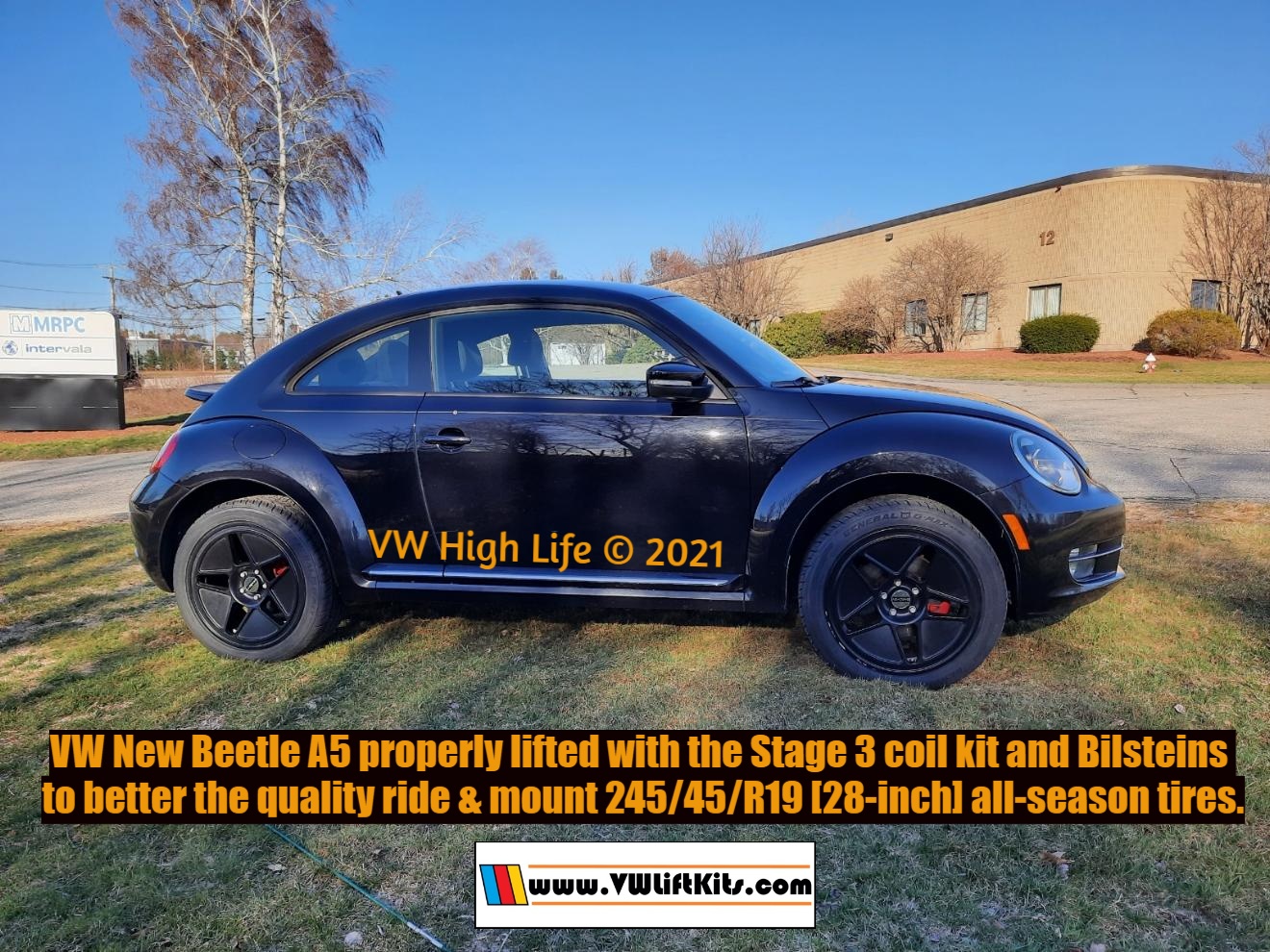 2013 VW New Beetle lifted properly with Stage 3 Coils and Bilsteins for 245/45/R19 (28-inch) all-season tires!